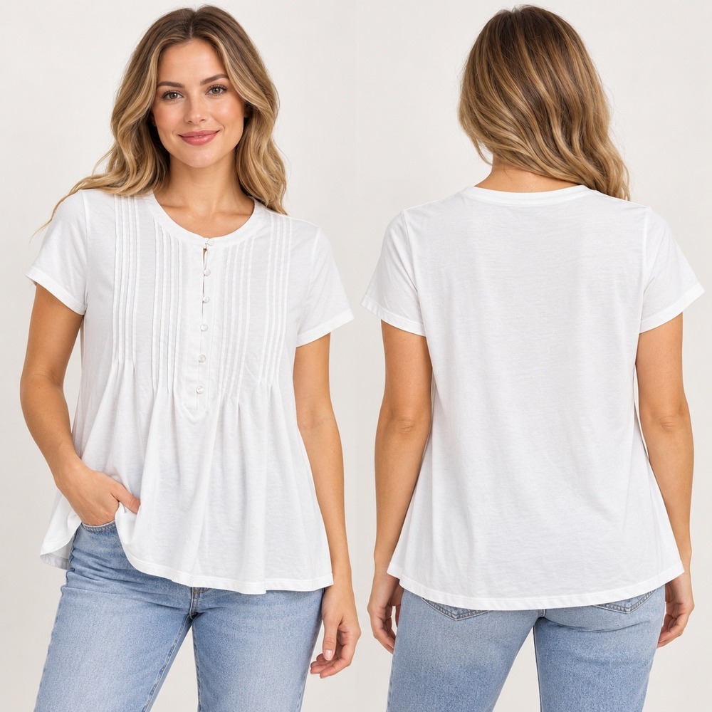 Lands End Womens White Cotton Modal Pintuck Pleated Henley Top Large
